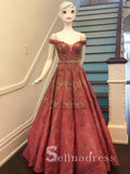 Off-the-shoulder Burgundy Prom Dresses Long Formal Gowns Lace Velvet Evening Dress SED152|Selinadress