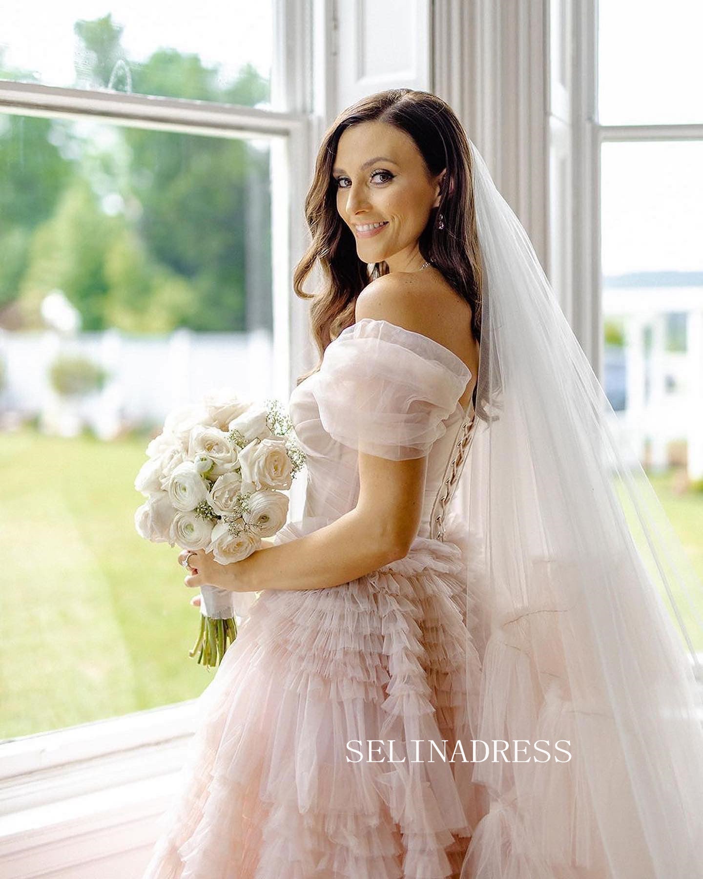 Off-the-shoulder Gorgeous Wedding Gown Frill Layered Blush Pink Ball G SELINADRESS Off-the-shoulder Gorgeous Wedding Gown Frill Layered Blush Pink Ball G SELINADRESS