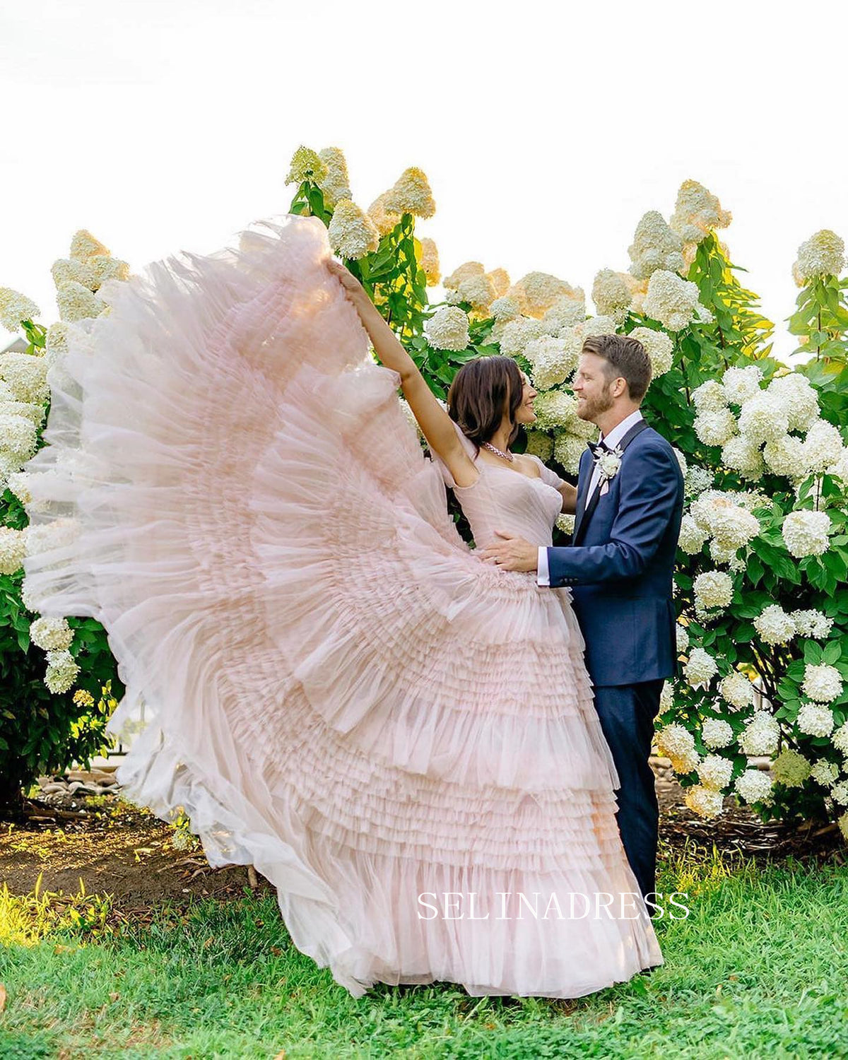 Off-the-shoulder Gorgeous Wedding Gown Frill Layered Blush Pink Ball G – SELINADRESS