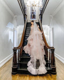 Off-the-shoulder Gorgeous Wedding Gown Frill Layered Blush Pink Ball Gown Wedding Dress #JKW014|Selinadress