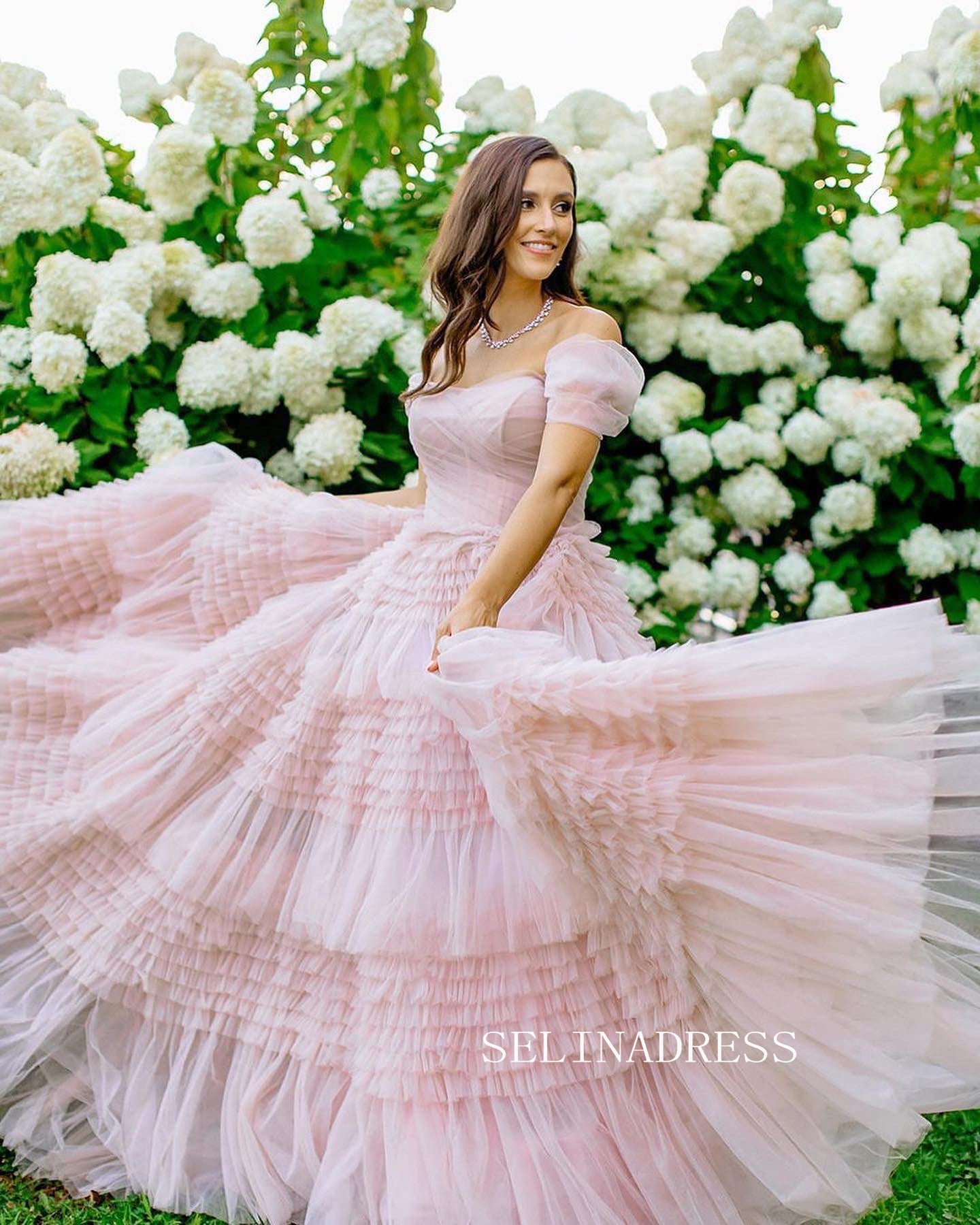 blush pink ruffle wedding dress Blush Lining Ivory Lace Wedding Dress, Tulle Ruffle Train