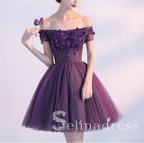 Off-the-shoulder Grape Lace Homecoming Dress Cute Short Prom Dress HML006|Selinadress