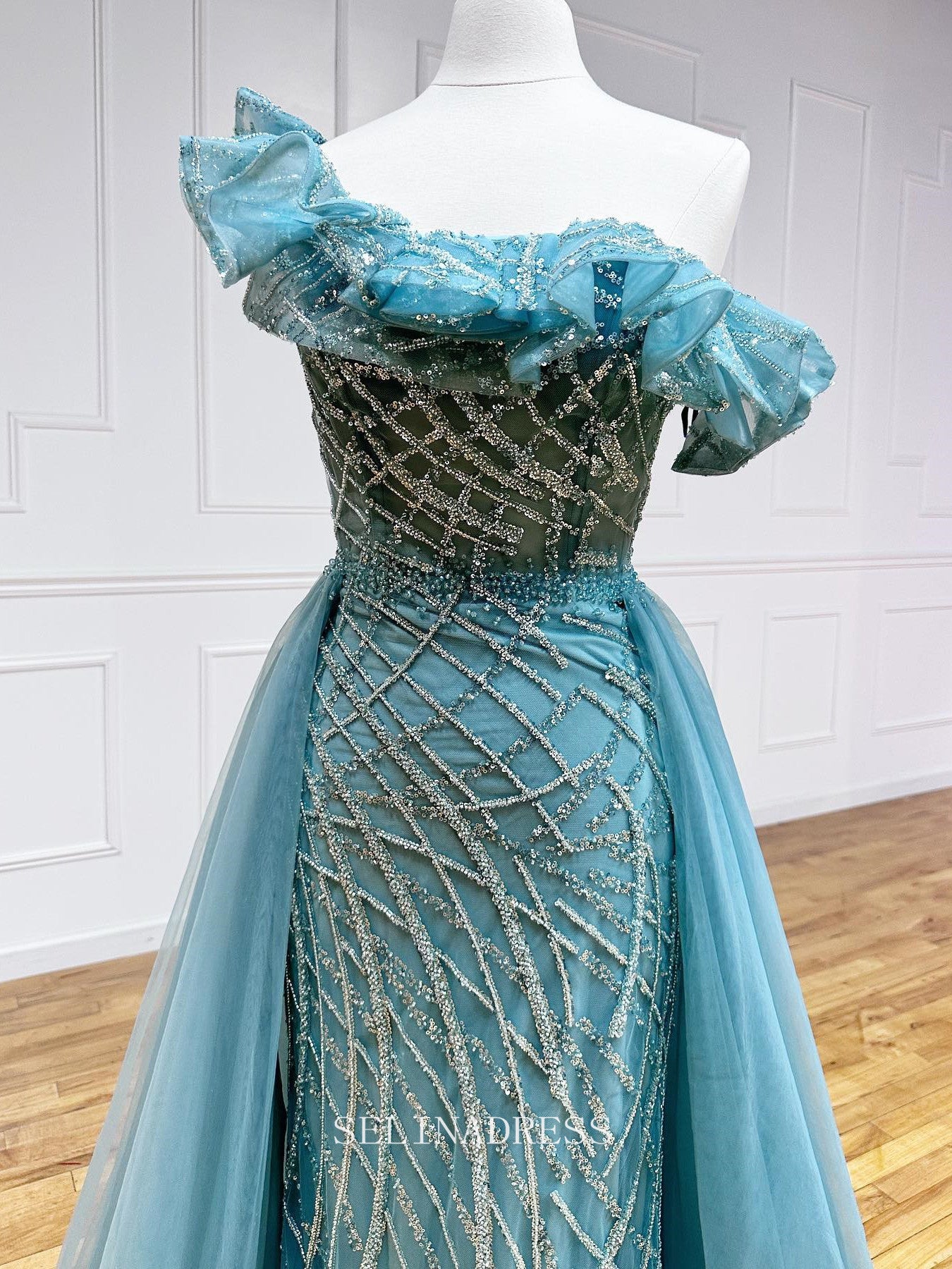 Off-the-shoulder Mermaid Elegant Beaded Long Formal Gown Overskirt Eve SELINADRESS Off-the-shoulder Mermaid Elegant Beaded Long Formal Gown Overskirt Eve SELINADRESS