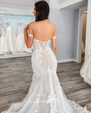 Off-the-shoulder Mermiad Wedding Dresses Rustic Lace Wedding Dress KPY067|Selinadress