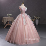 Off-the-shoulder Pink Ball Gown Prom Dress Applique Lace Beaded Princess Quinceanera YUU008