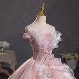 Off-the-shoulder Pink Ball Gown Prom Dress Applique Lace Beaded Princess Quinceanera YUU008