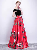 Off-the-shoulder Prom Dress Red Print Floral Satin Long Prom Dresses Evening Dress  SED101B