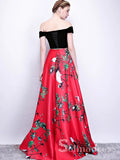 Off-the-shoulder Prom Dress Red Print Floral Satin Long Prom Dresses Evening Dress  SED101B
