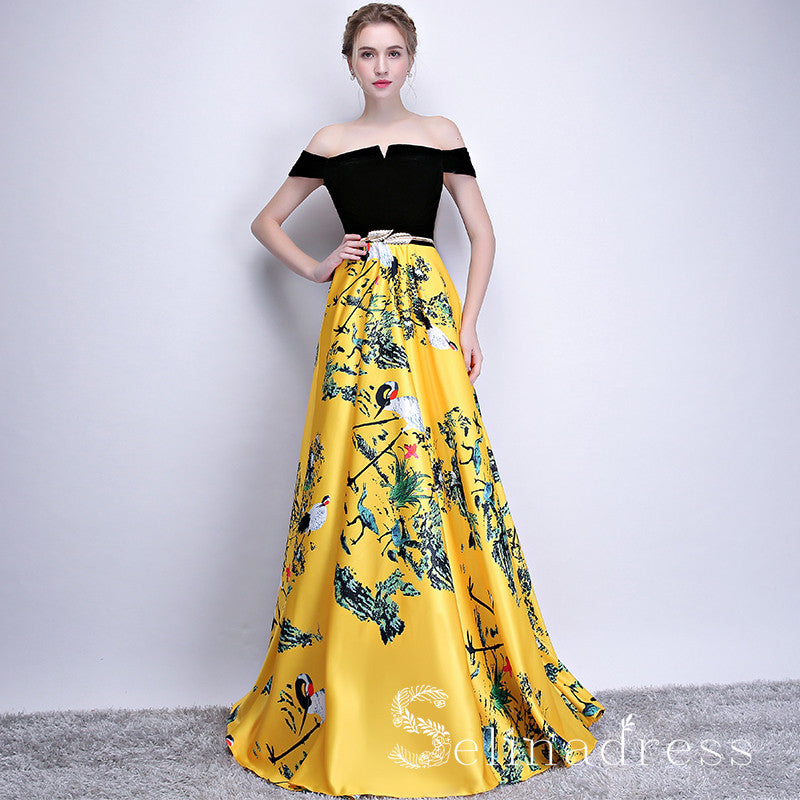 Off-the-shoulder Prom Dress Yellow Print Floral Satin Long Prom Dresse SELINADRESS Off-the-shoulder Prom Dress Yellow Print Floral Satin Long Prom Dresse SELINADRESS
