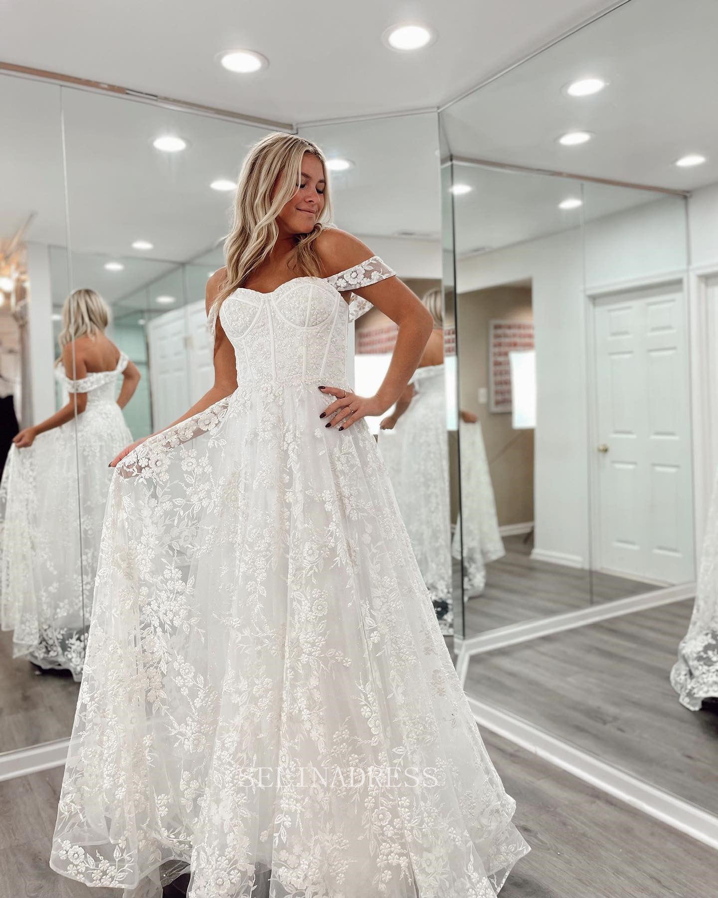 Off-the-shoulder White long Prom Dress A-line Lace Cheap Formal Dresse SELINADRESS Off-the-shoulder White long Prom Dress A-line Lace Cheap Formal Dresse SELINADRESS