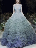 Ombre Luxury Evening Dress Beaded Chapel Train Elegant Ball Gown SC034