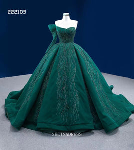 One Shoulder Dark Green Prom Dress Ball Gown Beaded Pageant Dress RSM222103|Selinadress