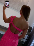 One Shoulder Fuchsia Short Prom Dress Sparkly Sequins Homecoming Dresses Hoco Dresses Pageant Dresses #TKL083|Selinadress
