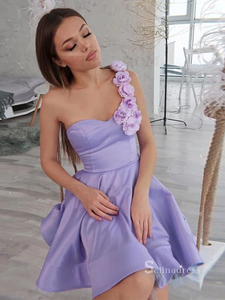 One Shoulder Hand made flower A-line Satin Lavender Short Homecoming Dress RYU044|Selinadress