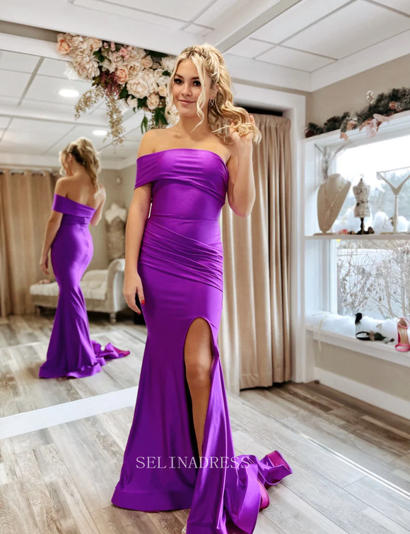One Shoulder Mermaid Regency Long Prom Dress Satin Ruffles Formal Dresses KPY019|Selinadress