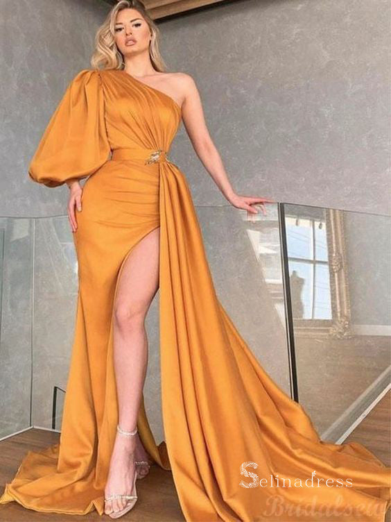 One Shoulder Orange Long Sleeve Prom Dresses Thigh Split Evening Dresses MLK017|Selinadress