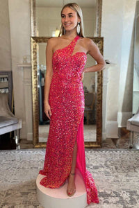 One Shoulder Shiny Sequins Prom Dress Cheap Evening Dresses With Slit #QWE016|Selinadress