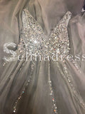 Open Back Deep V-neck Long Sparkly Slit Prom Dresses Sexy Evening Dress SED015