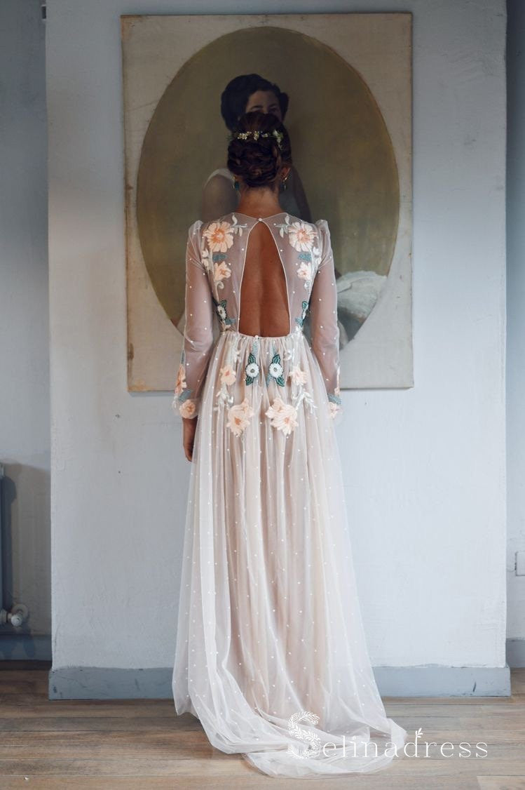 Open Back Long Sleeve Prom Dresses A-line Chic Embroidery Boho