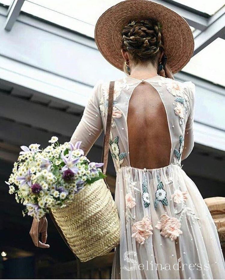 Open Back Long Sleeve Prom Dresses A-line Chic Embroidery Boho Long Pr SELINADRESS Open Back Long Sleeve Prom Dresses A-line Chic Embroidery Boho Long Pr SELINADRESS