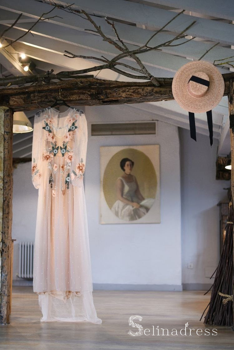 Open Back Long Sleeve Prom Dresses A-line Chic Embroidery Boho Long Pr SELINADRESS Open Back Long Sleeve Prom Dresses A-line Chic Embroidery Boho Long Pr SELINADRESS