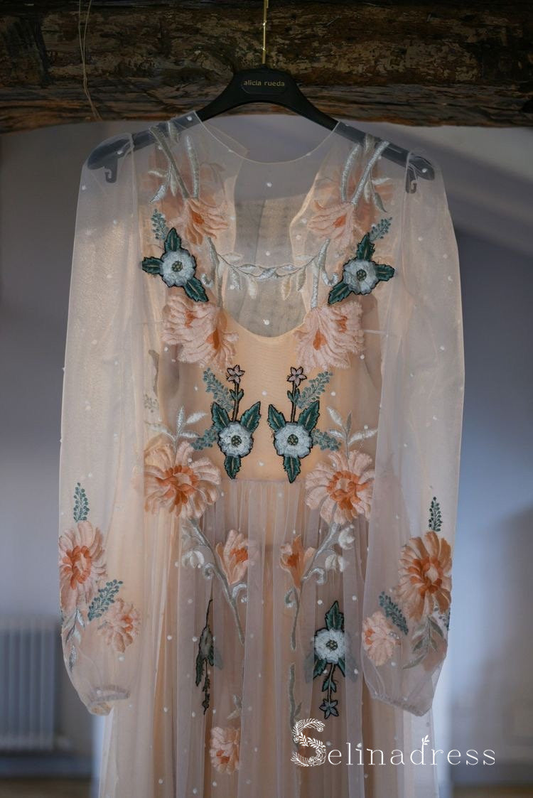 embroidered boho dress Open Back Long Sleeve Prom Dresses A-line Chic Embroidery Boho Long Pr – SELINADRESS