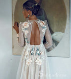 Open Back Long Sleeve Prom Dresses A-line Chic Embroidery Boho Long Prom Dress SED013