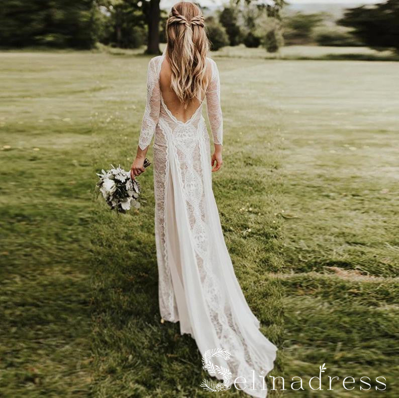 Open Back Sheath/Column Rustic Lace Wedding Dress Boho Long Sleeve Wedding Gowns SEW002|Selinadress SELINADRESS Open Back Sheath/Column Rustic Lace Wedding Dress Boho Long Sleeve Wedding Gowns SEW002|Selinadress SELINADRESS