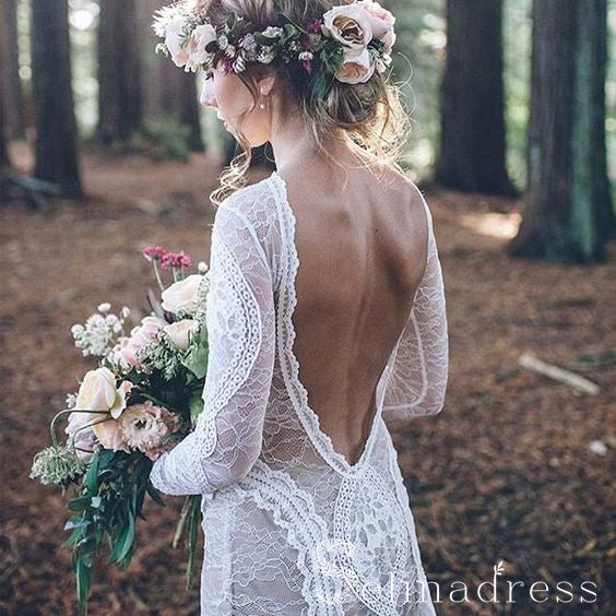 Open Back Sheath/Column Rustic Lace Wedding Dress Boho Long Sleeve Wedding Gowns SEW002|Selinadress SELINADRESS Open Back Sheath/Column Rustic Lace Wedding Dress Boho Long Sleeve Wedding Gowns SEW002|Selinadress SELINADRESS