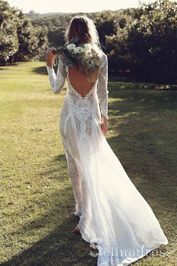 Open Back Sheath/Column Rustic Lace Wedding Dress Boho Long Sleeve Wedding Gowns SEW002|Selinadress – SELINADRESS