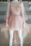 Pearl Pink High Low Long Sleeve Junior Prom Dresses Pearl Cute Homecoming Dresses SED088