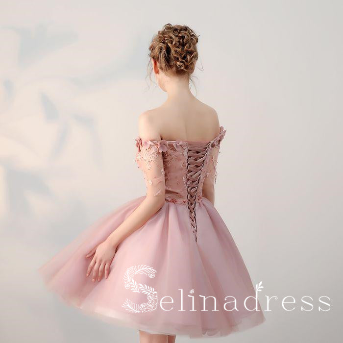 Pearl Pink Pretty Homecoming Dresses Off-the-shoulder Tulle Cheap Short Prom Dress HML001 Pearl Pink Pretty Homecoming Dresses Off-the-shoulder Tulle Cheap Short Prom Dress HML001