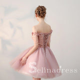 Pearl Pink Pretty Homecoming Dresses Off-the-shoulder Tulle Cheap Short Prom Dress HML001|Selinadress