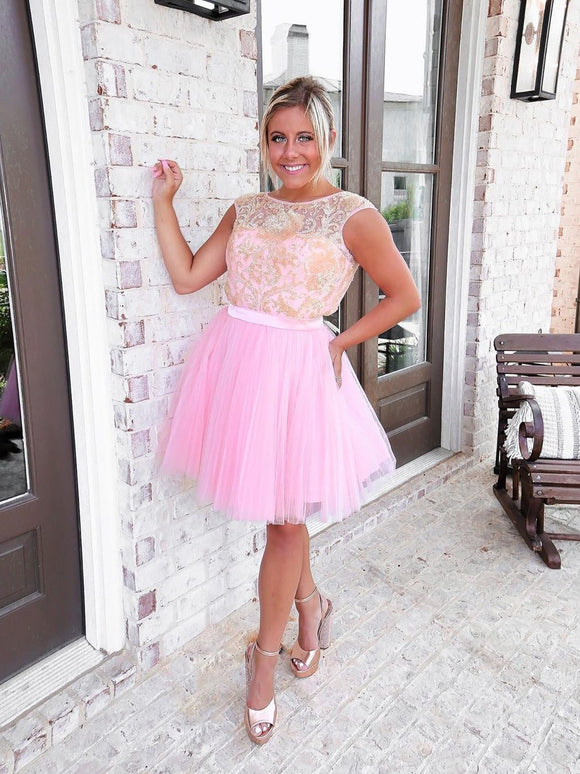 Pink A-line Cap Sleeve Cute Homecoming Dress Short Prom Dresses With Sequins MHL110