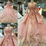 Pink Ball Gown Long Sleeve Quinceanera Dress Flowers Pearls Formal Gowns Evening Dresses #SED215