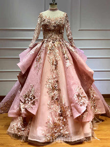 Pink Ball Gown Long Sleeve Quinceanera Dress Flowers Pearls Formal Gowns Evening Dresses #SED215