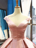 Pink Ball Gown Prom Dress Cap Sleeve V neck Prom Dress Evening Gowns #SED180