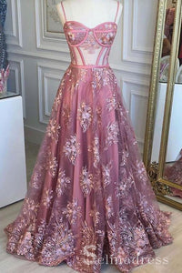Pink Floral Lace Sweetheart Neck Tulle Long Senior Prom Dress Pink Evening Gowns SED044