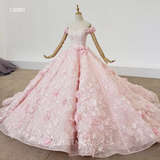 Pink Off Shoulder Lace Princess Plus Size Ball Gown Bridal Evening Dresses LS001 Selinadress