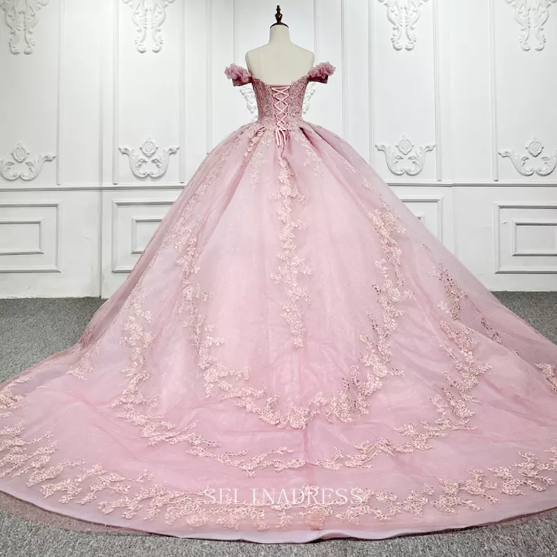 Pink Off Shoulder Princess Lace Prom Dress Plus Size Bridal Evening Dr SELINADRESS Pink Off Shoulder Princess Lace Prom Dress Plus Size Bridal Evening Dr SELINADRESS