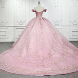 Pink Off Shoulder Princess Lace Prom Dress Plus Size Bridal Evening Dresses LS9932 Selinadress