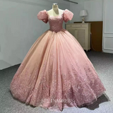 Pink Princess Puff Sleeve Sequins Sweet 16 Beaded Ball Gown Evening Dresses LS5594 Selinadress