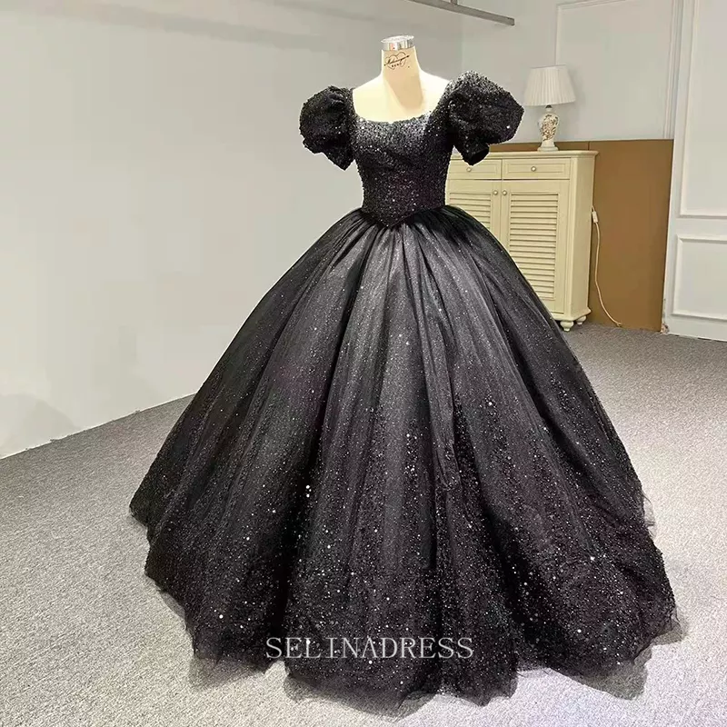 Pink Princess Puff Sleeve Sequins Sweet 16 Beaded Ball Gown Evening Dr SELINADRESS Pink Princess Puff Sleeve Sequins Sweet 16 Beaded Ball Gown Evening Dr SELINADRESS