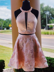 Pink  Two Piece Homecoing Dress Cute Embroidery Short Graduation Dress #MHL073