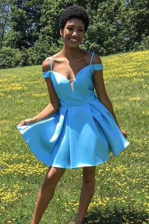 Plunging Light-blue Satin Homecoming Dress with Supported Straps ANN5508