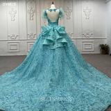 Princess Embroidery Puff Sleeve Blue Prom Ball Gown Bridal Evening Dress DY9873 Selinadress