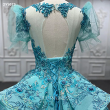 Princess Embroidery Puff Sleeve Blue Prom Ball Gown Bridal Evening Dress DY9873 Selinadress