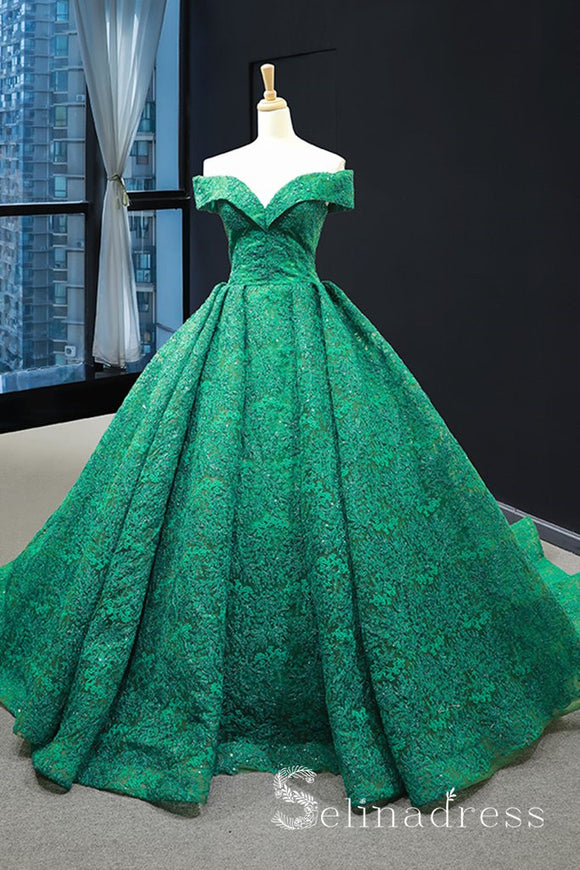 Real Picture Green Lace Sweep Train Custom Made Prom Dress Ball Gown Quinceanera Dress SED068|Selinadress