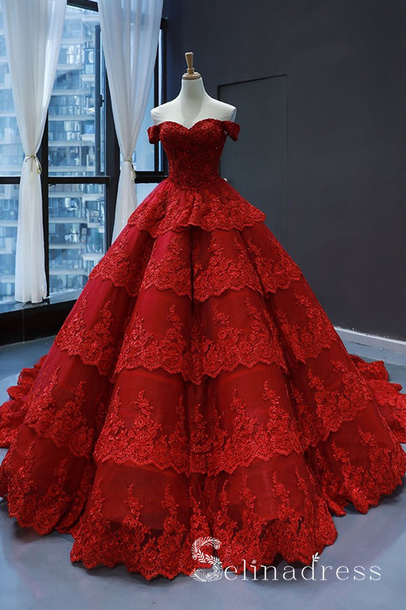 Real Picture Red Multi-layered Lace Formal Prom Dress Quinceanera Evening Dress SED069|Selinadress