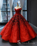 Real Picture Red Satin Off The Shoulder Appliqued Long Formal Prom Dress Ball Gown SED070|Selinadress